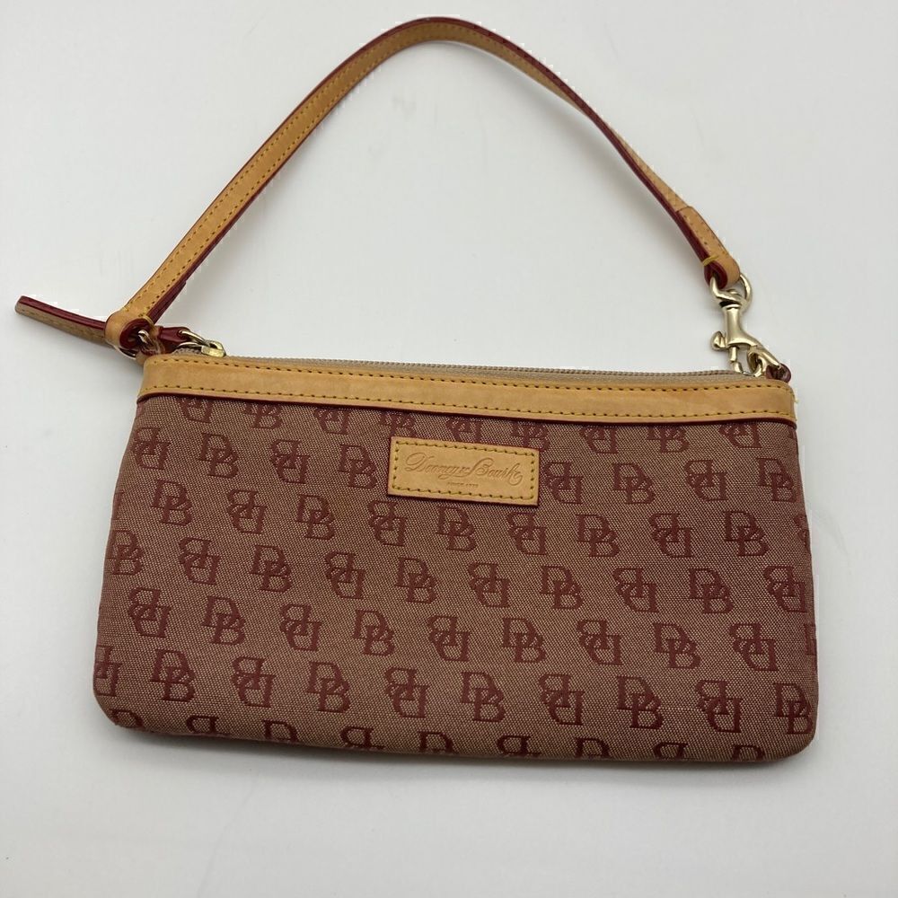 Vintage Dooney Bourke Sign 1975 Jacquard/Leather Wristlet Burgundy/Tan Color‎